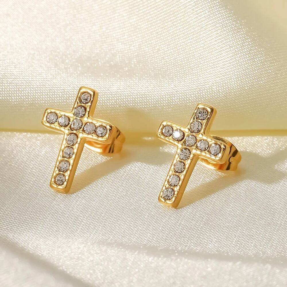 Zircon Cross Stud Earrings 18K Gold Plated‎ Minimalist